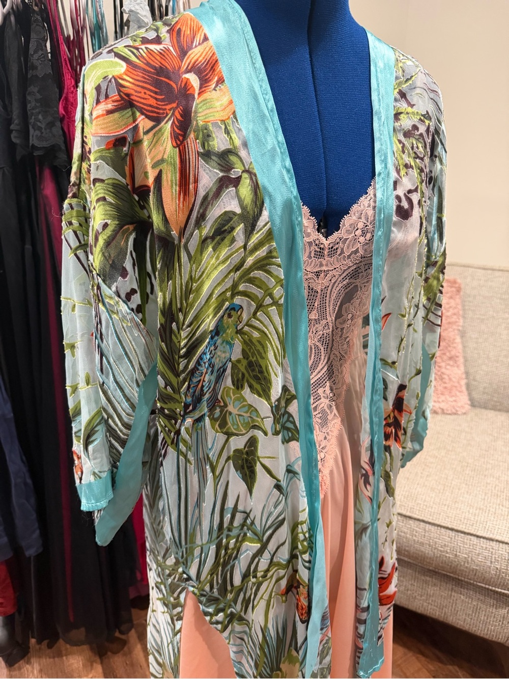 Chicos Silk Tropical Print Burnout Velvet Kimono Jacket